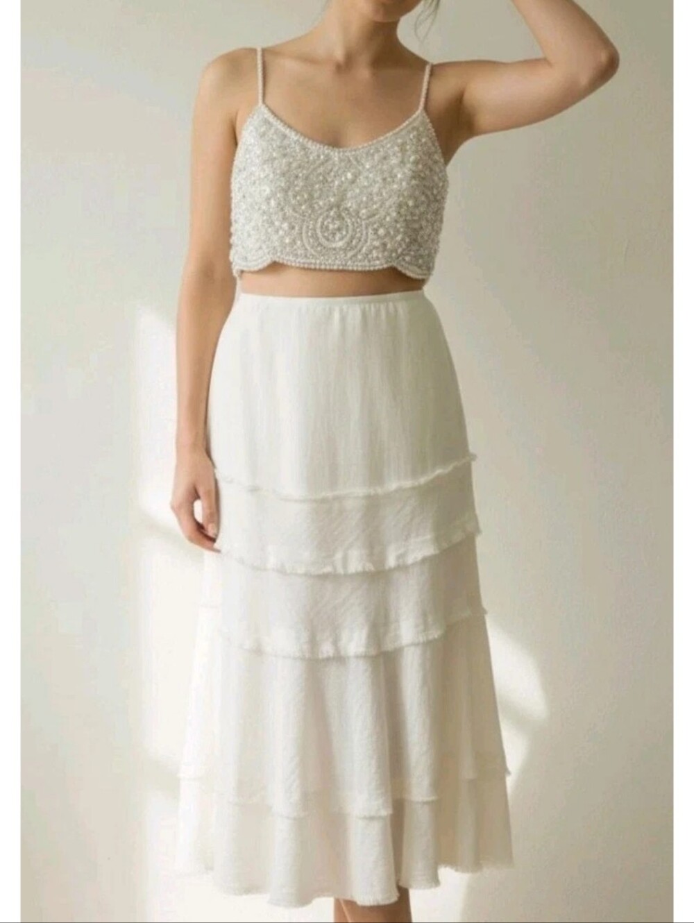 Vintage Women's Ivory Linen Tiered Maxi Skirt New Designer Boho Coastal